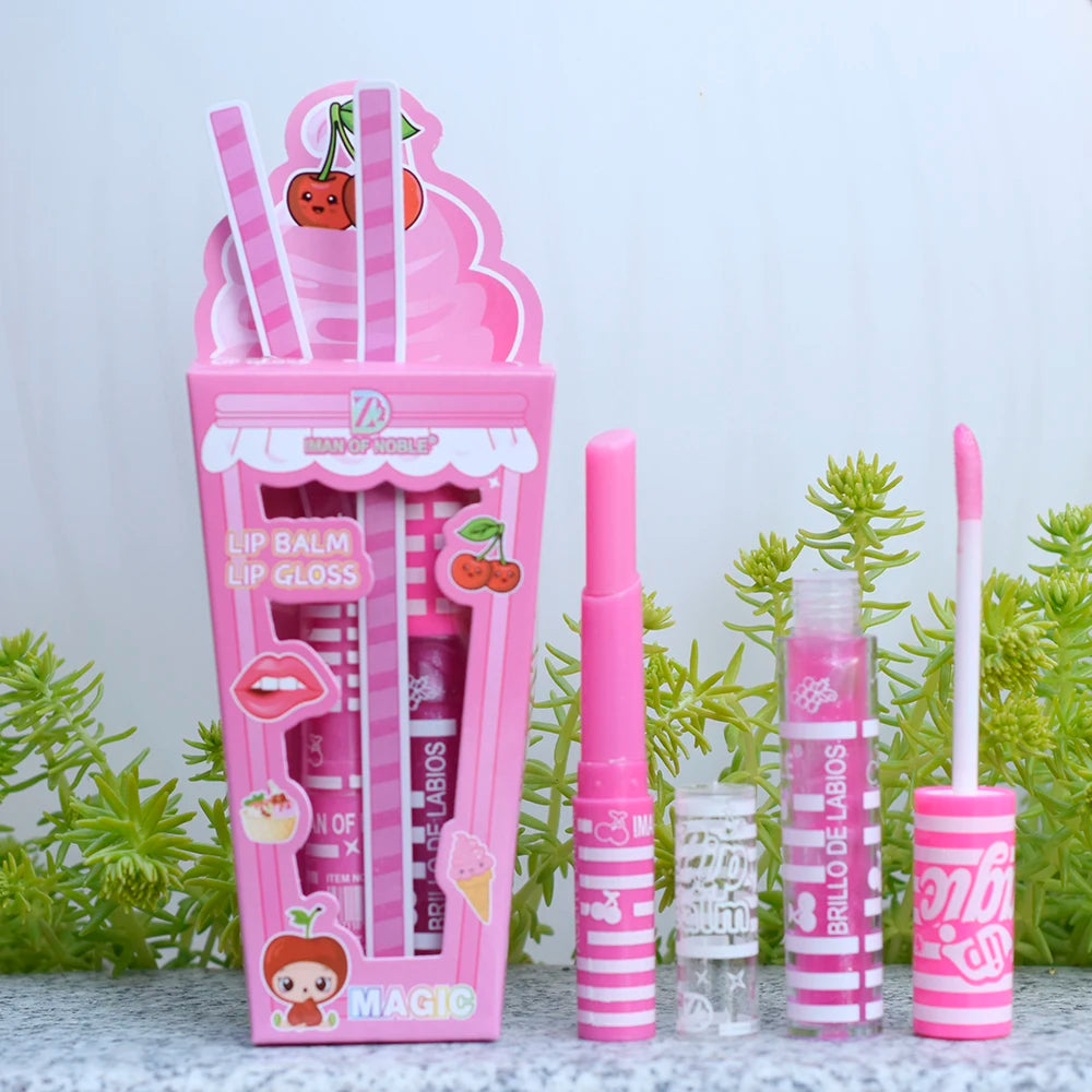 Cute pink ice cream-themed lip balm and shiny gloss set with striped packaging, perfect for moisturizing lip makeup.