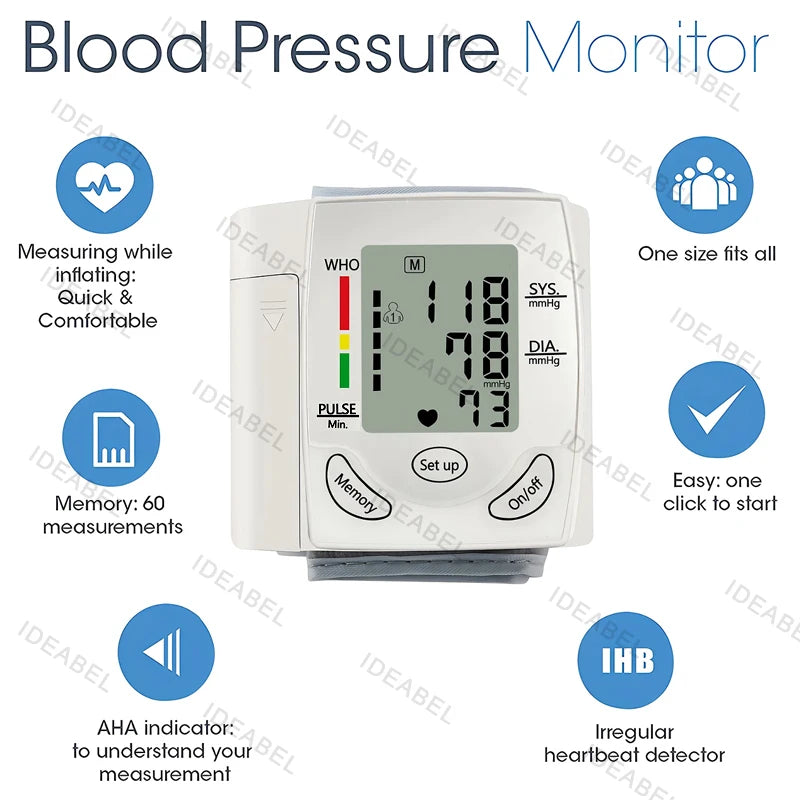 Mini Portable Battery Blood Pressure Machine Wrist Sphygmomanometer Digital Electronic Heart Rate BP Tensiometer