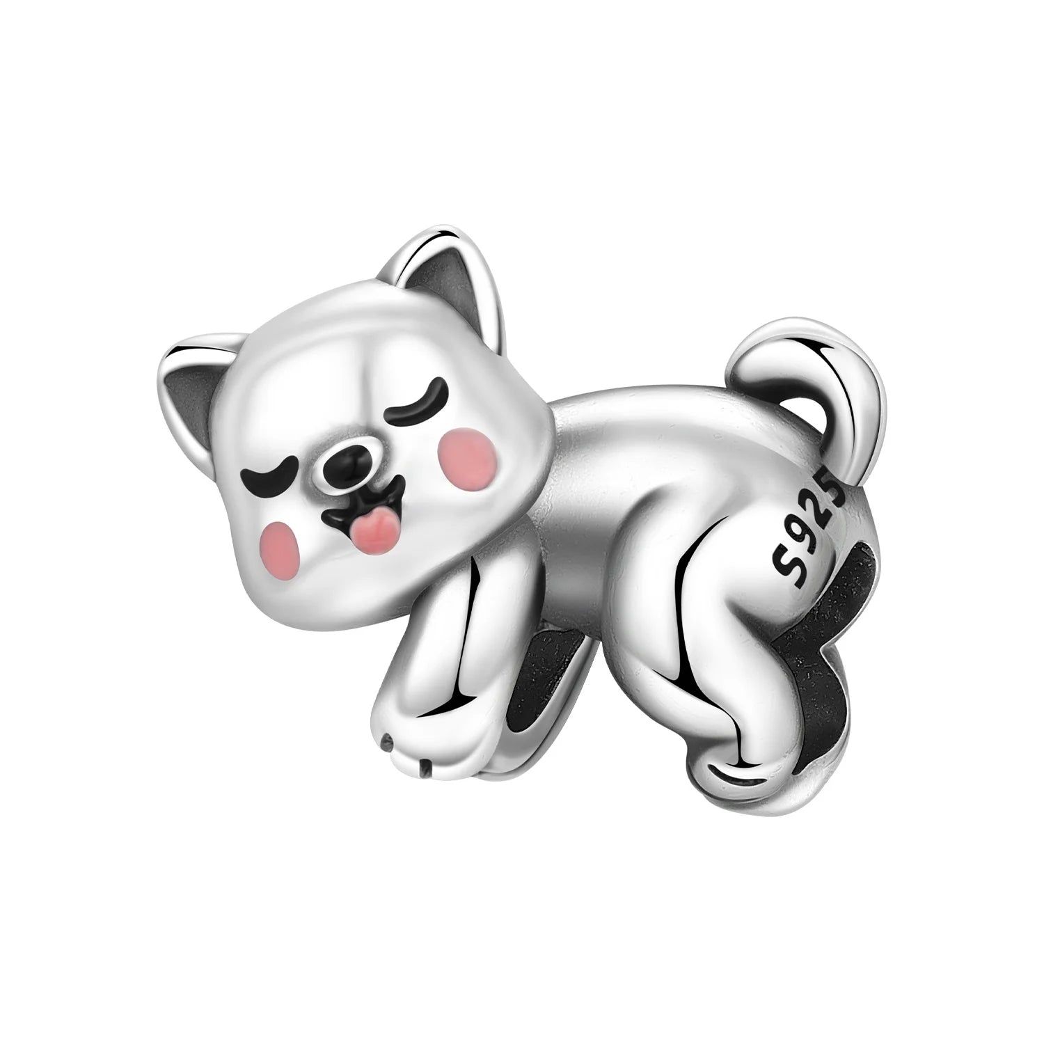 Cute 925 sterling silver dog charm bead with pink accents for DIY charm bracelets. Perfect pet lover gift jewelry.