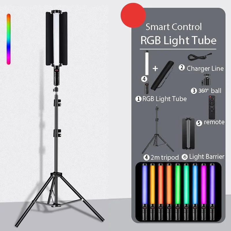 RGB LED light tube with black tripod stand, including remote, charger, and light barrier for photography lighting.