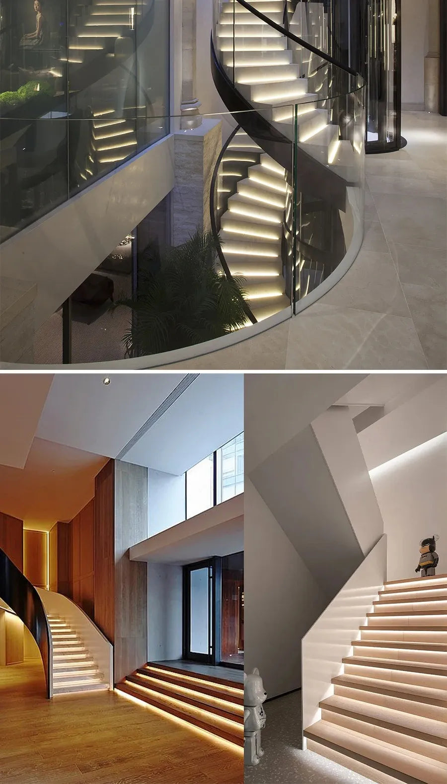LED stair lights along curved and straight indoor steps with bright step glow.