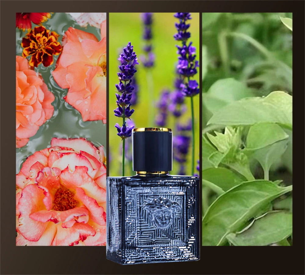 Versace Blue perfume in a square, textured glass bottle with a Medusa emblem, set against floral and herbal imagery.