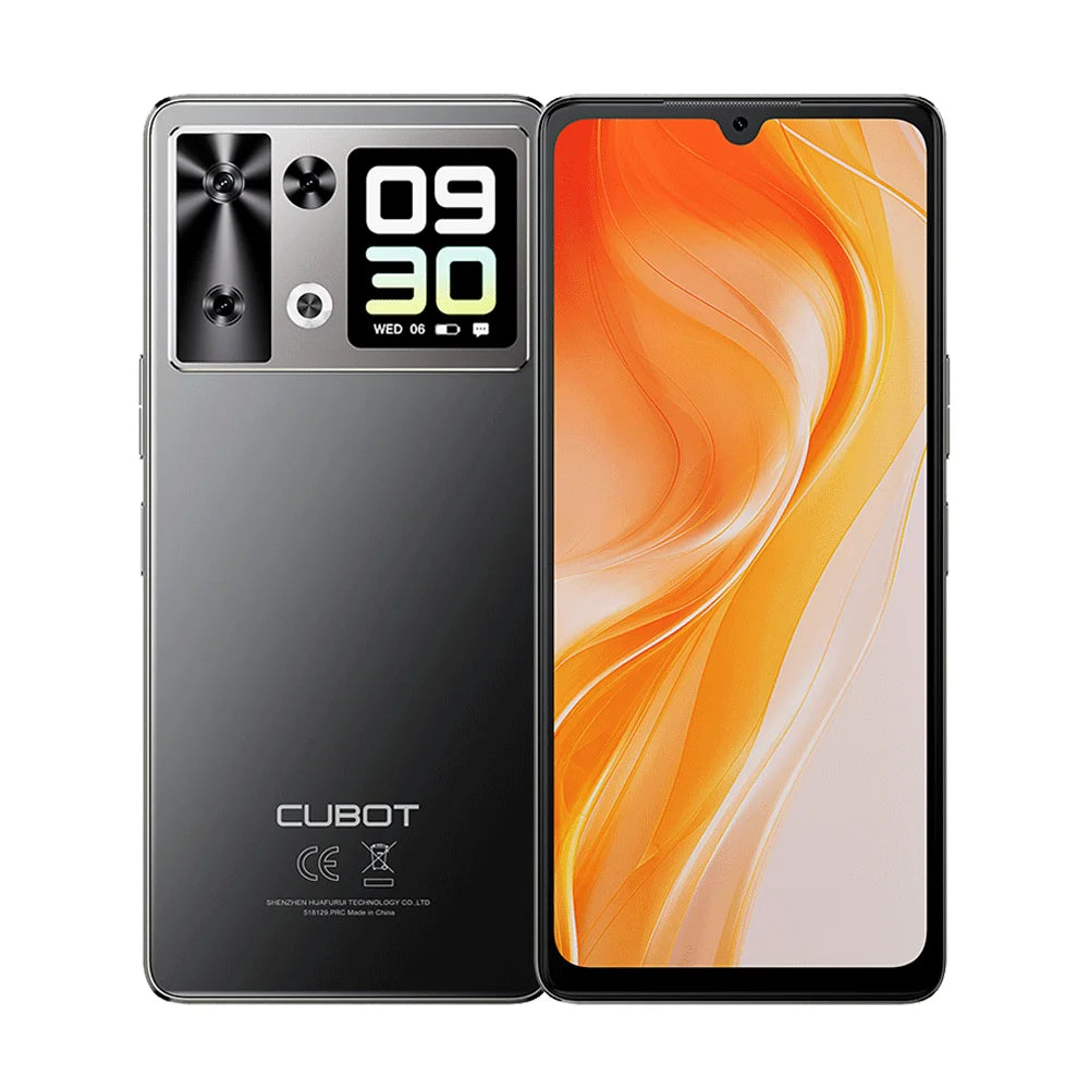 Cubot P90 black smartphone, front and rear view, 6.88-inch 120Hz screen, 64MP camera, dual screen, 24GB+256GB phone.