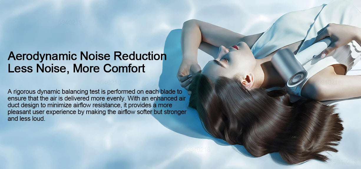 MIJIA H500 white water ion hair dryer featuring quiet, aerodynamic noise reduction design for sleek hair styling.