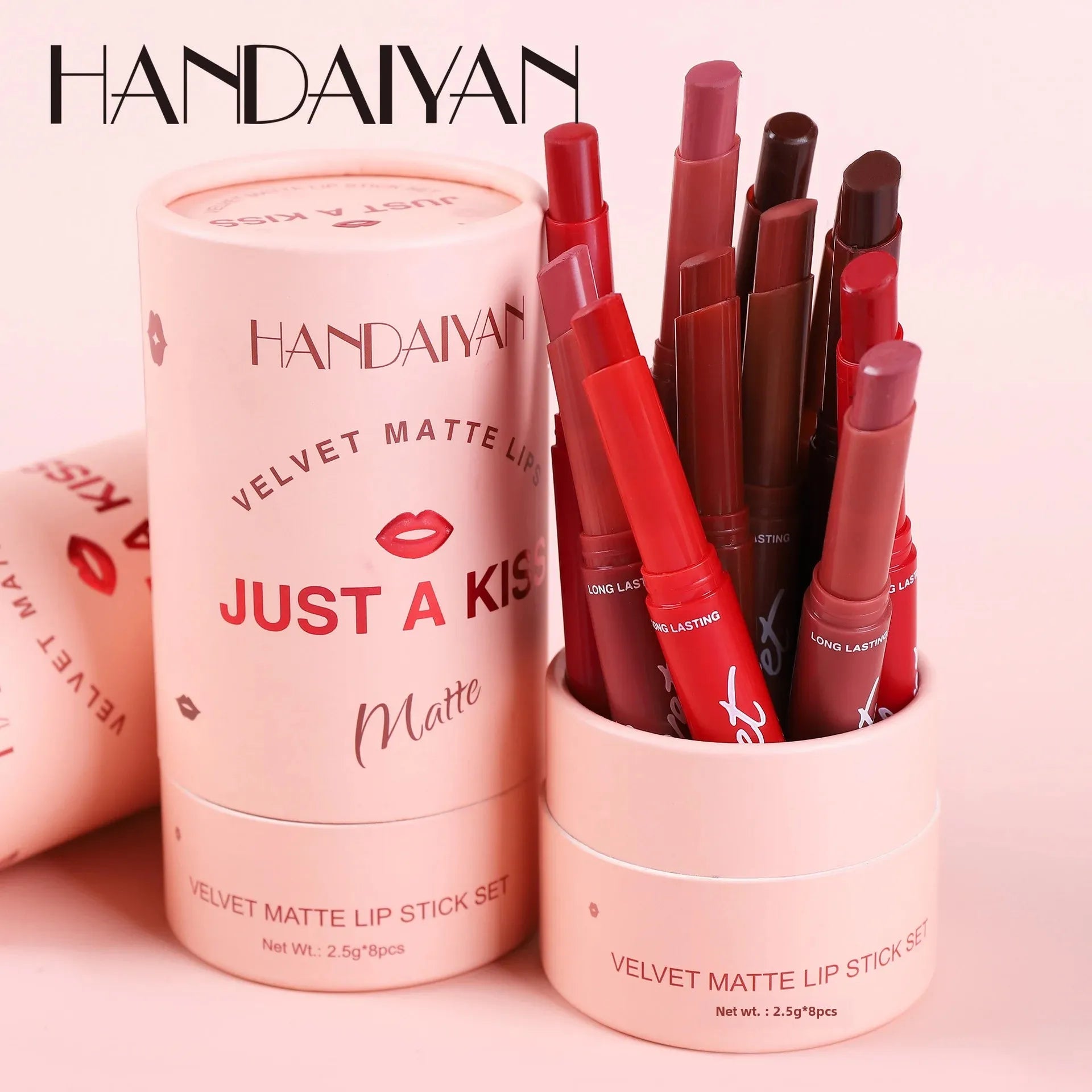 8-piece Handaiyan velvet matte lipstick set in round gift box featuring long-lasting, highly pigmented Korean colors.