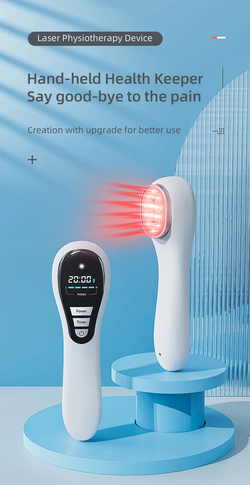 Handheld LLLT infrared cold laser therapy device for pain relief with LED screen and red light treatment head.