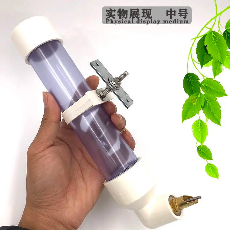 Large automatic parrot water dispenser with needle feeder, clear tube, and secure mount for easy cage hydration.
