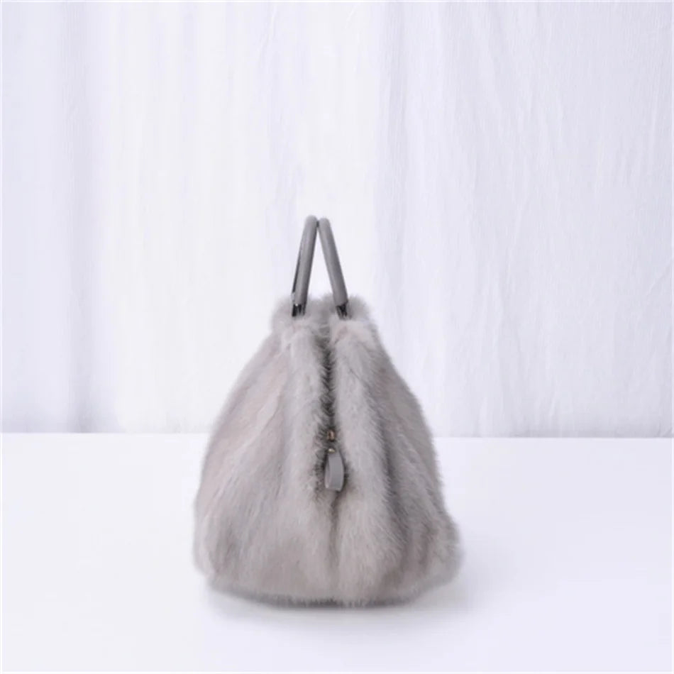 Women's Mink Fur Handbag 2026 New Fashion Designer Fluffy Fur Wrist Bag Large Capacity Soft Shopping Bag Girl Cute Handbag