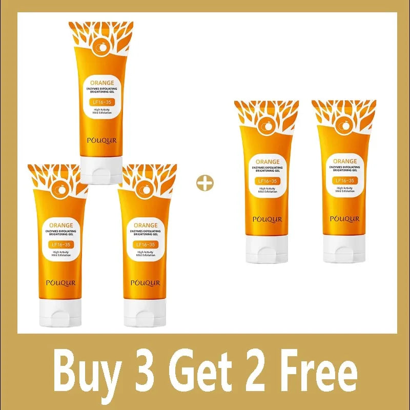 Five orange tubes of POUQUR enzyme exfoliating peeling gel displayed with a "Buy 3 Get 2 Free" label.