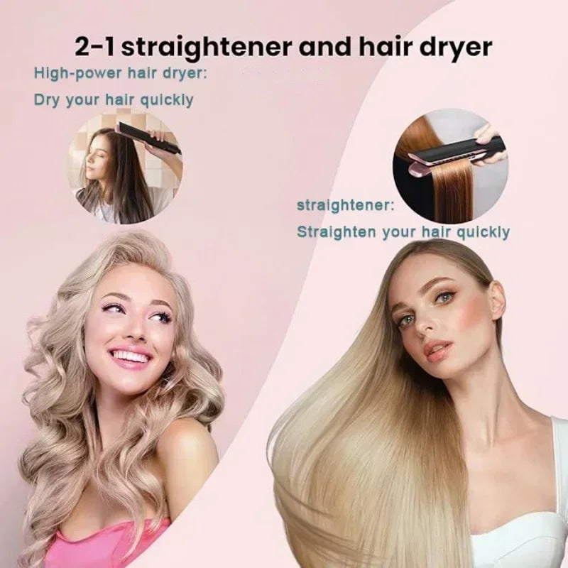 Black and rose gold 2-in-1 hair dryer and straightener combo for fast, ionic styling on long, sleek or wavy hair.