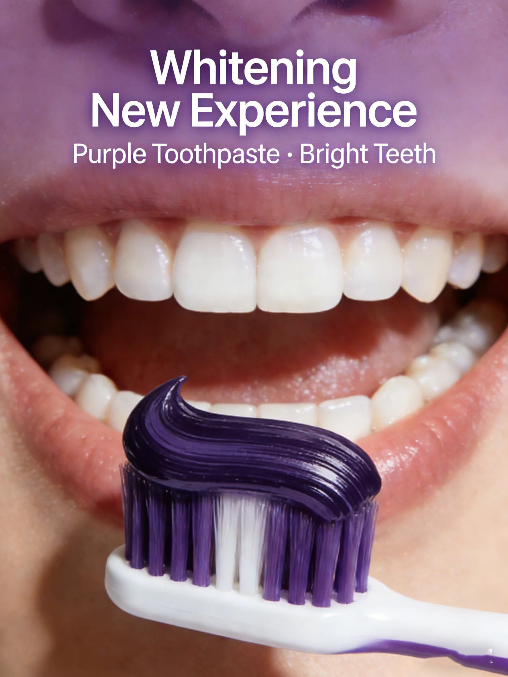 Tidesmit V34 purple teeth whitening toothpaste for removing plaque, stains, and freshening breath.