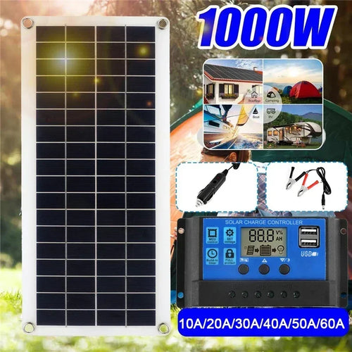 Rectangular 1000W solar panel with blue digital charge controller, car adapter, and battery clips for outdoor use.