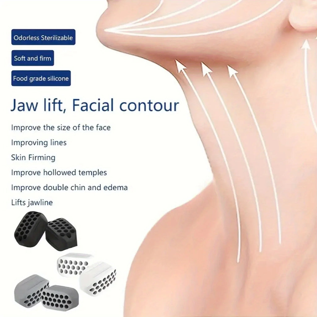 Black, white, and grey silicone jawline trainer cubes shown next to a facial profile diagram with lifting arrows.
