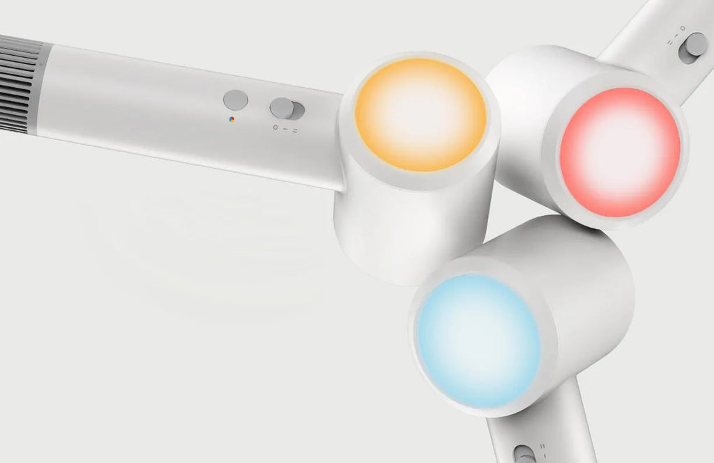 White Xiaomi MIJIA H501 SE high-speed hair dryer showing circular LED temperature indicators and professional design.