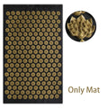 Black acupressure mat with a grid of golden, lotus-shaped spiked discs and a close-up detail view.