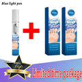 A white cylindrical blue light wart removal pen shown next to two matching blue product boxes with foot graphics.