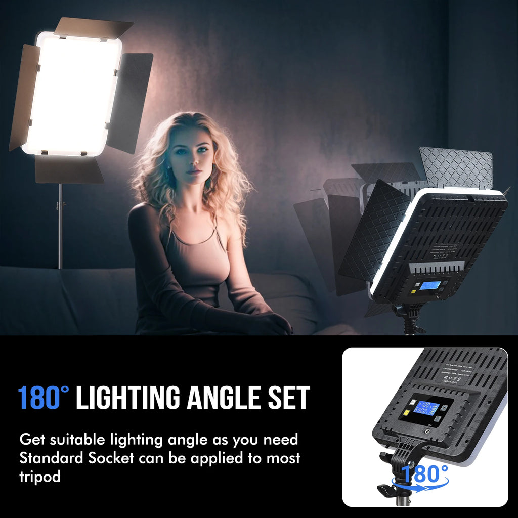 Rectangular LED video light with adjustable metal barn doors and a digital display screen, mounted on a tripod stand.