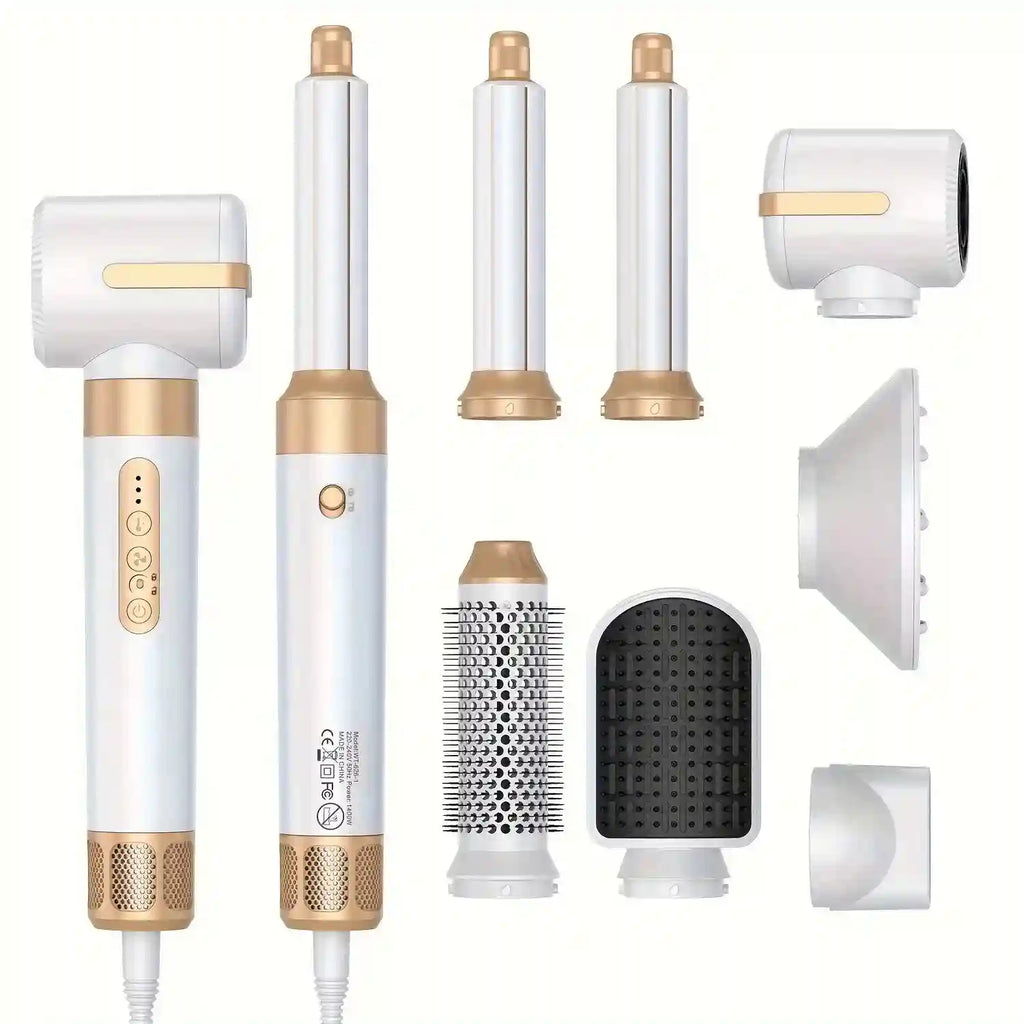 TINSOL 1400W 7-in-1 hair dryer and curling set in white and gold with interchangeable hot brush and styling attachments.