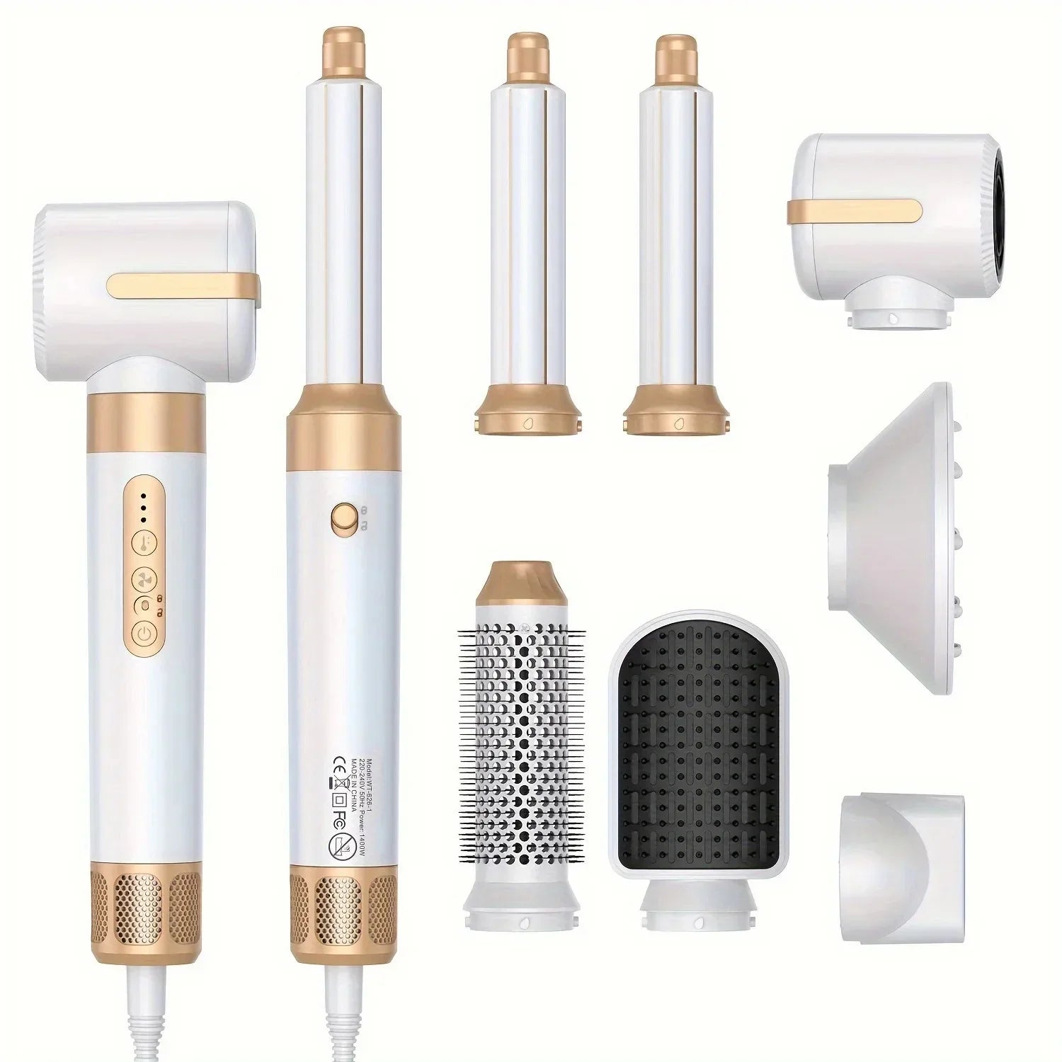 TINSOL 7-in-1 hair dryer and styling set in white and gold, featuring curling barrels, brushes, and blow dry nozzles.