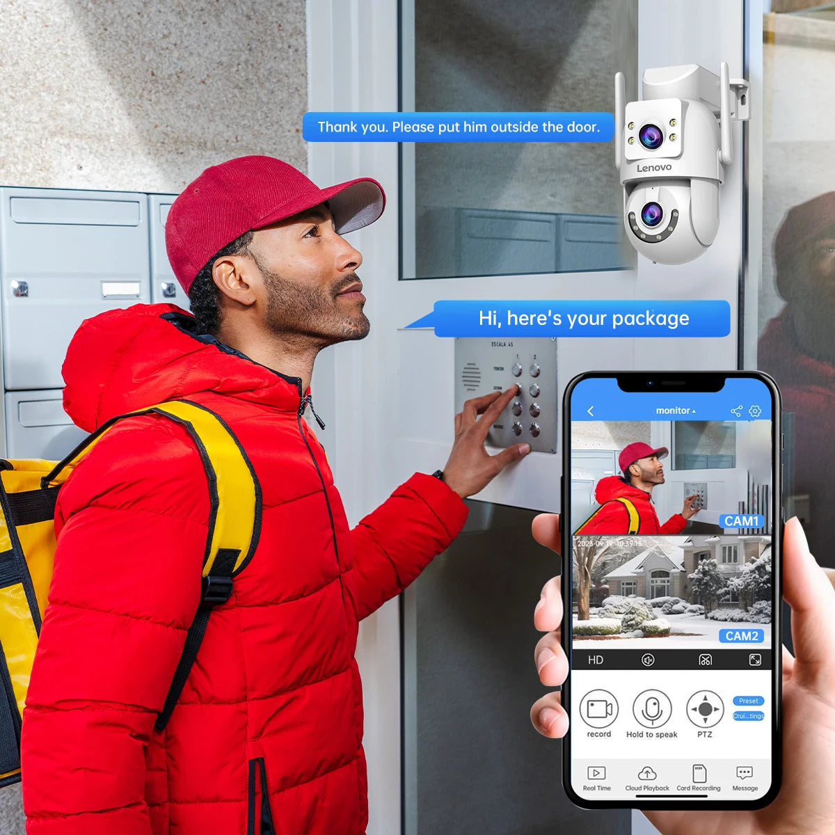 Lenovo WiFi PTZ Security Camera 8MP With Dual Screen Color Night Vision Outdoor Surveillance CCTV Camera Auto Tracking IP Camera