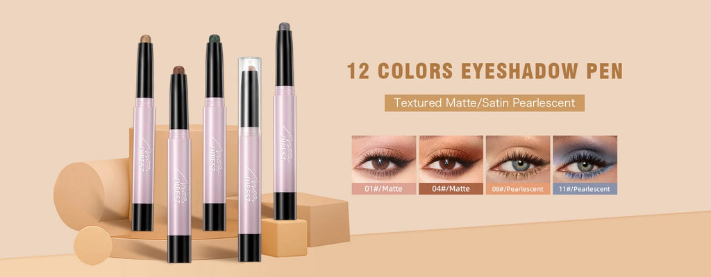 Waterproof eyeshadow pens in matte and pearlescent finishes, featuring 12 vibrant colors for long-lasting eye makeup.