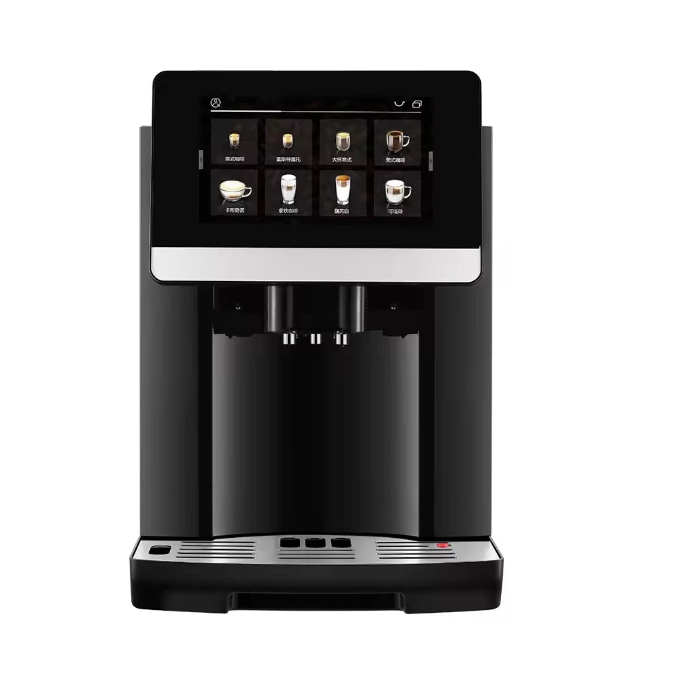 Black automatic espresso coffee machine with large touchscreen display and silver metal drip tray.