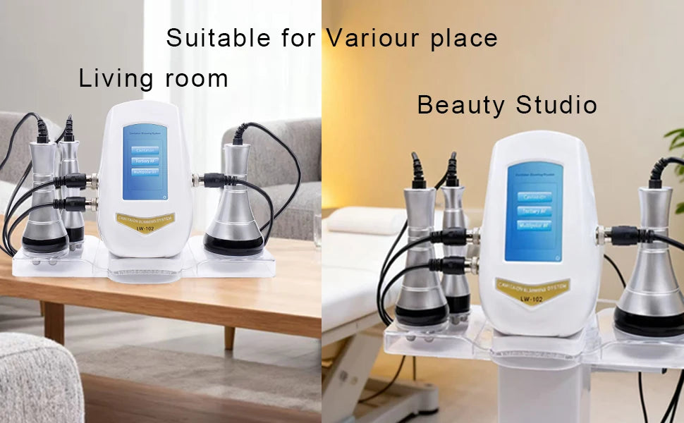 White ultrasonic cavitation and RF beauty machine with multiple silver wands on a clear stand in two room settings.