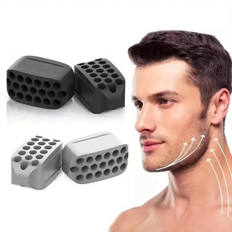 Black and gray rectangular silicone jawline trainers with perforated hole patterns, shown with a model’s profile.