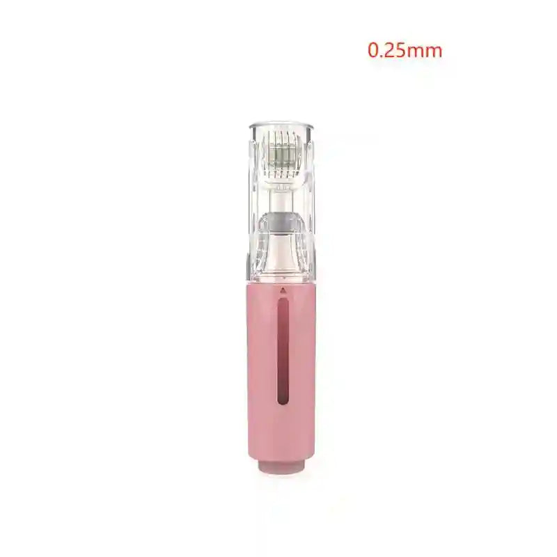 Pink 0.25mm derma roller with a clear cap, titanium micro needles, and a serum applicator reservoir.