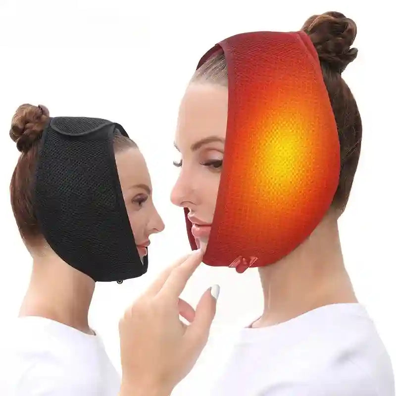 Adjustable, black and red mesh electric face heating pads worn over the jaw and chin by women.