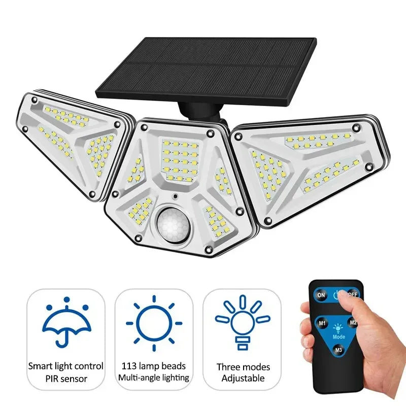 Three-head solar wall light with PIR sensor, LED panels, and included remote control
