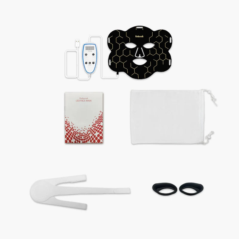 Hottoerak flexible black silicone LED face mask kit for red light therapy with controller, manual, and accessories.