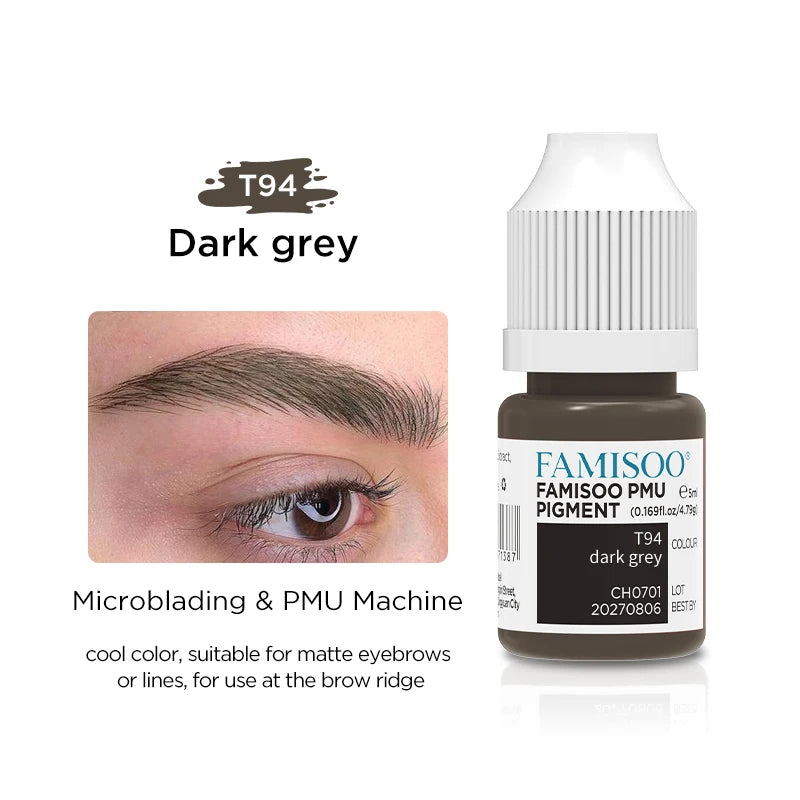 T94 dark grey PMU pigment bottle for eyebrow microblading, shown with a labeled 5ml squeeze bottle and swatch.