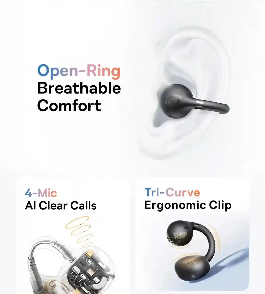 Wireless Earbuds Open-Ear Sports Clip-On - Bluetooth 5.3 Low Latency Black Tidesmit
