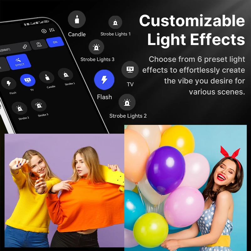Smartphone app interface showing six lighting effect icons, including candle, strobe, and flash for LED light control.