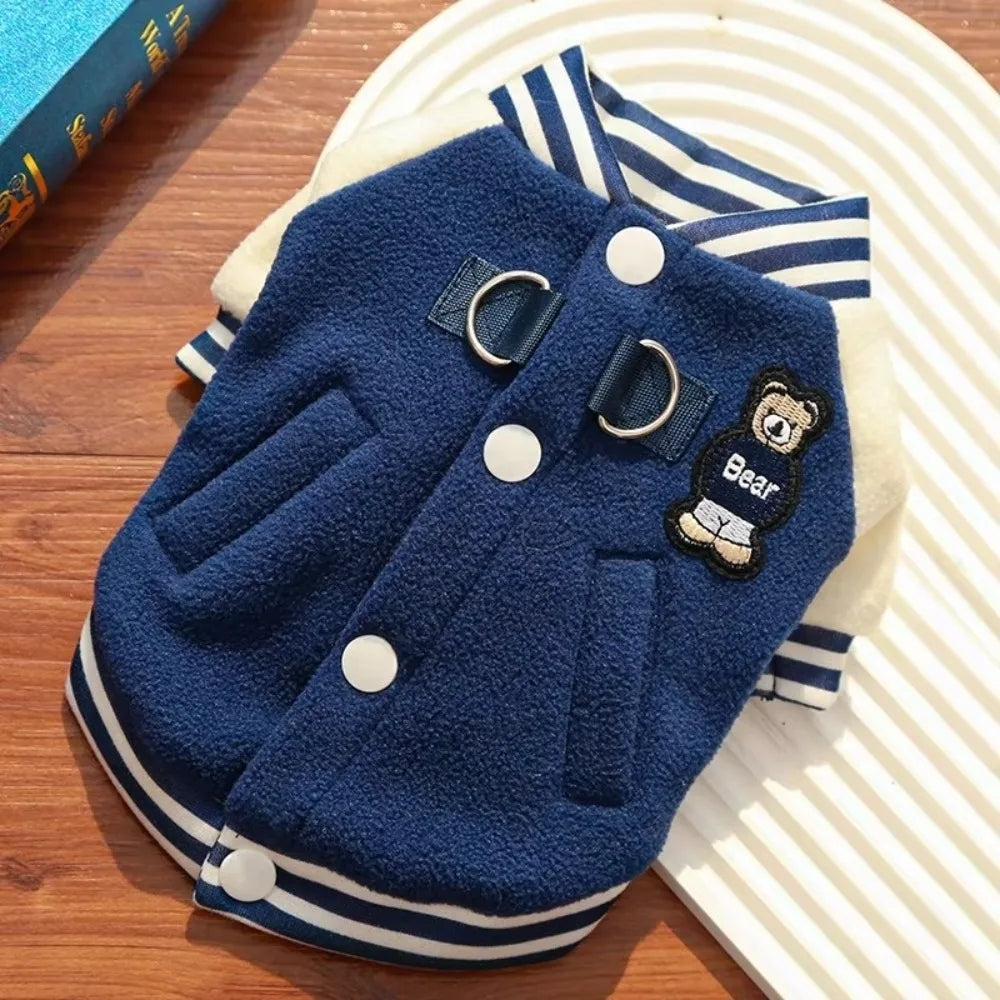 Blue fleece winter baseball jacket for dogs and cats with D-ring, warm puppy coat for outdoor walking.