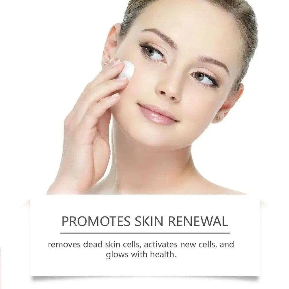 A woman applying white cream to her cheek, with text below reading: "PROMOTES SKIN RENEWAL" and related benefits.