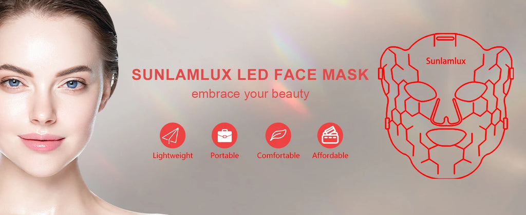 Flexible silicone LED light therapy face mask for skincare, showing lightweight, portable design on a woman's face.