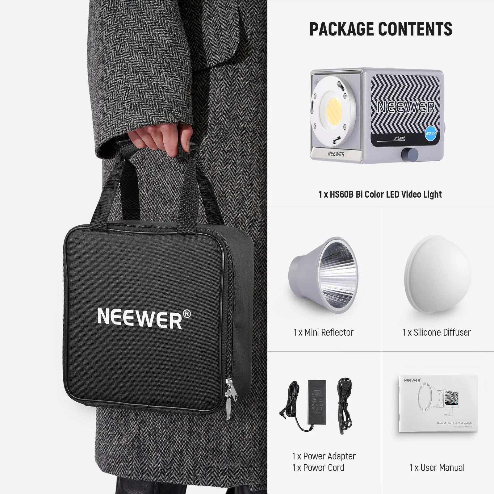 HS60B bi-color LED video light kit with carry bag, reflector, silicone diffuser, power adapter, and user manual.