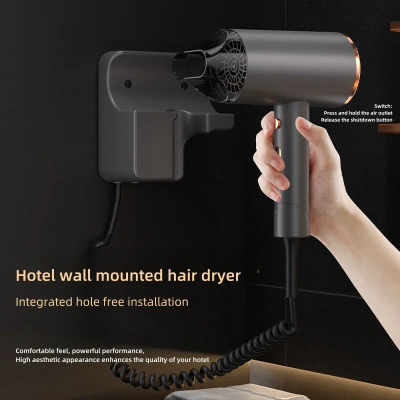 Grey 1600W wall-mounted hair dryer for hotels with concentrator nozzle and drill-free installation mount.