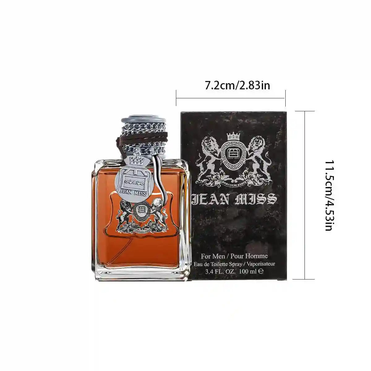 JEAN MISS 100ml Eau de Toilette for men. Luxury woody cologne in square glass bottle with decorative metal lion charm.