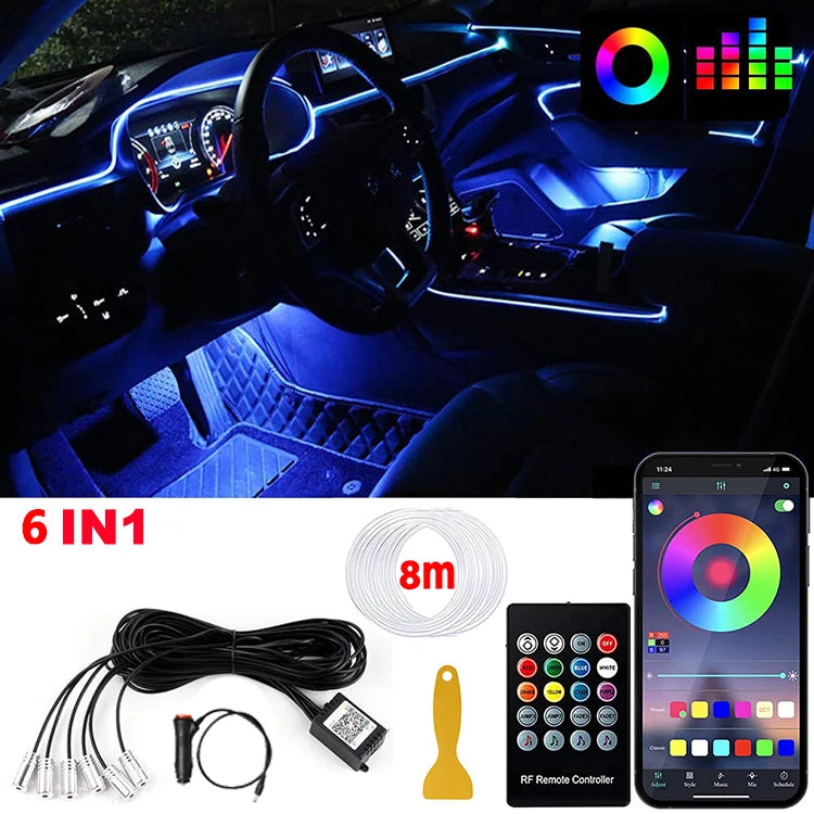 LED Car Interior Ambient Lighting Kit with RGB Smartphone Control 6 in 1 8M Cigarette Tidesmit