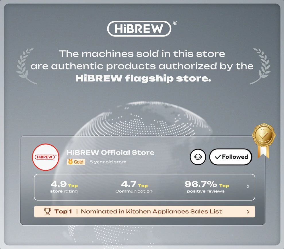 HiBREW Official Store banner showing 4.9 store rating, gold award, and top 1 ranking for coffee kitchen appliances.
