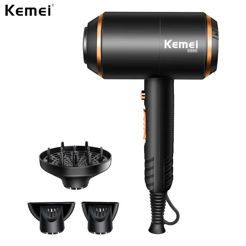 Kemei 8896 professional hair dryer with gold accents, salon-grade motor, and three styling attachments.