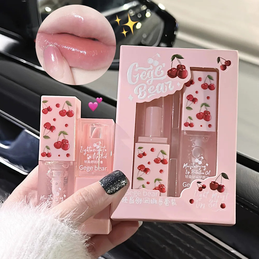 Gege Bear Cherry Lip Balm and Oil set in pink cherry packaging, showing glossy, hydrating, sheer pink lip makeup finish.
