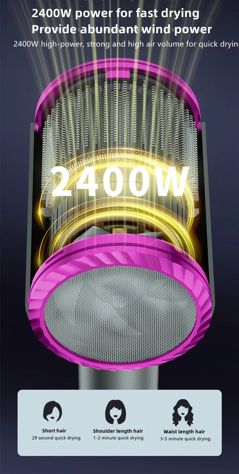 Purple 2400W high-speed negative ion hair dryer with powerful motor, professional salon-quality fast drying design.