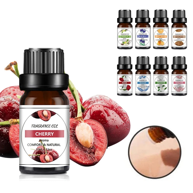 10ML Cherry Strawberry Lavender Jasmine Rose Vanilla Essential Oils for Diffuser, Humidifier, Massage, Candle, Soap Making