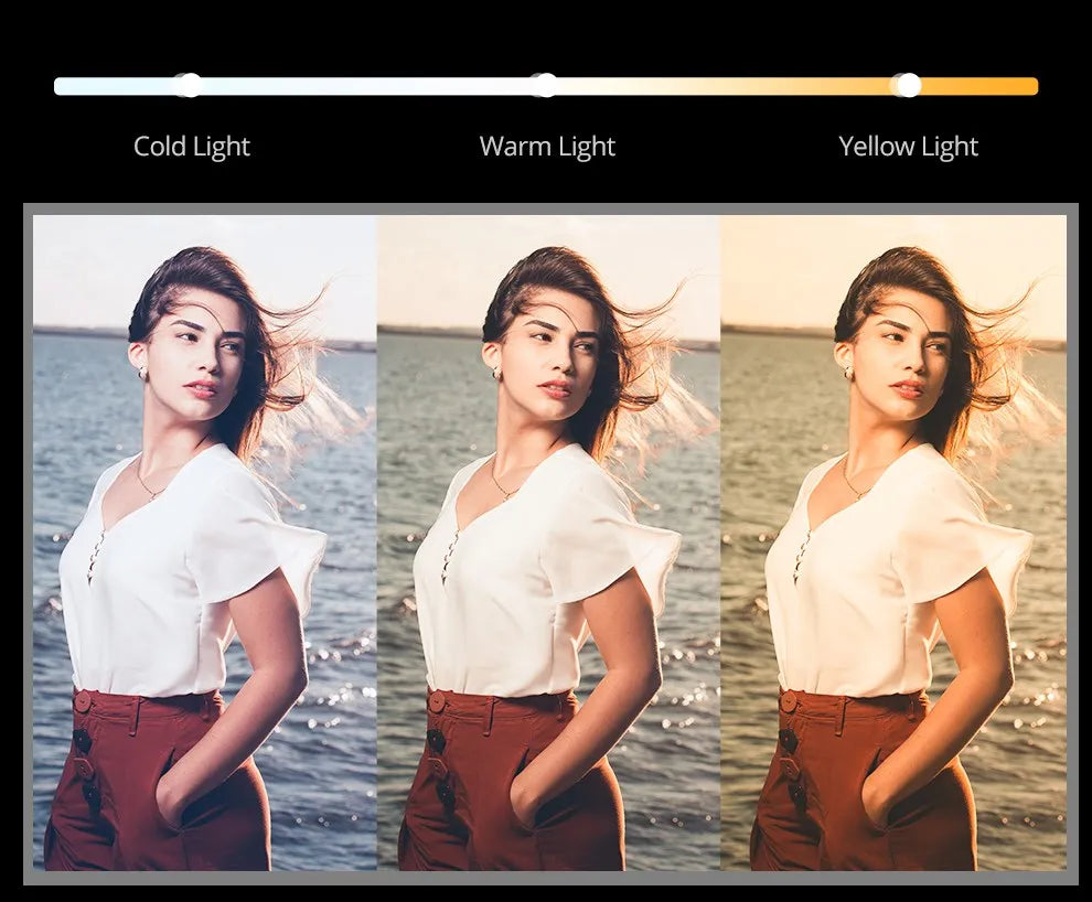 Comparison of ring light settings: cold, warm, and yellow light modes shown on a portrait of a woman.