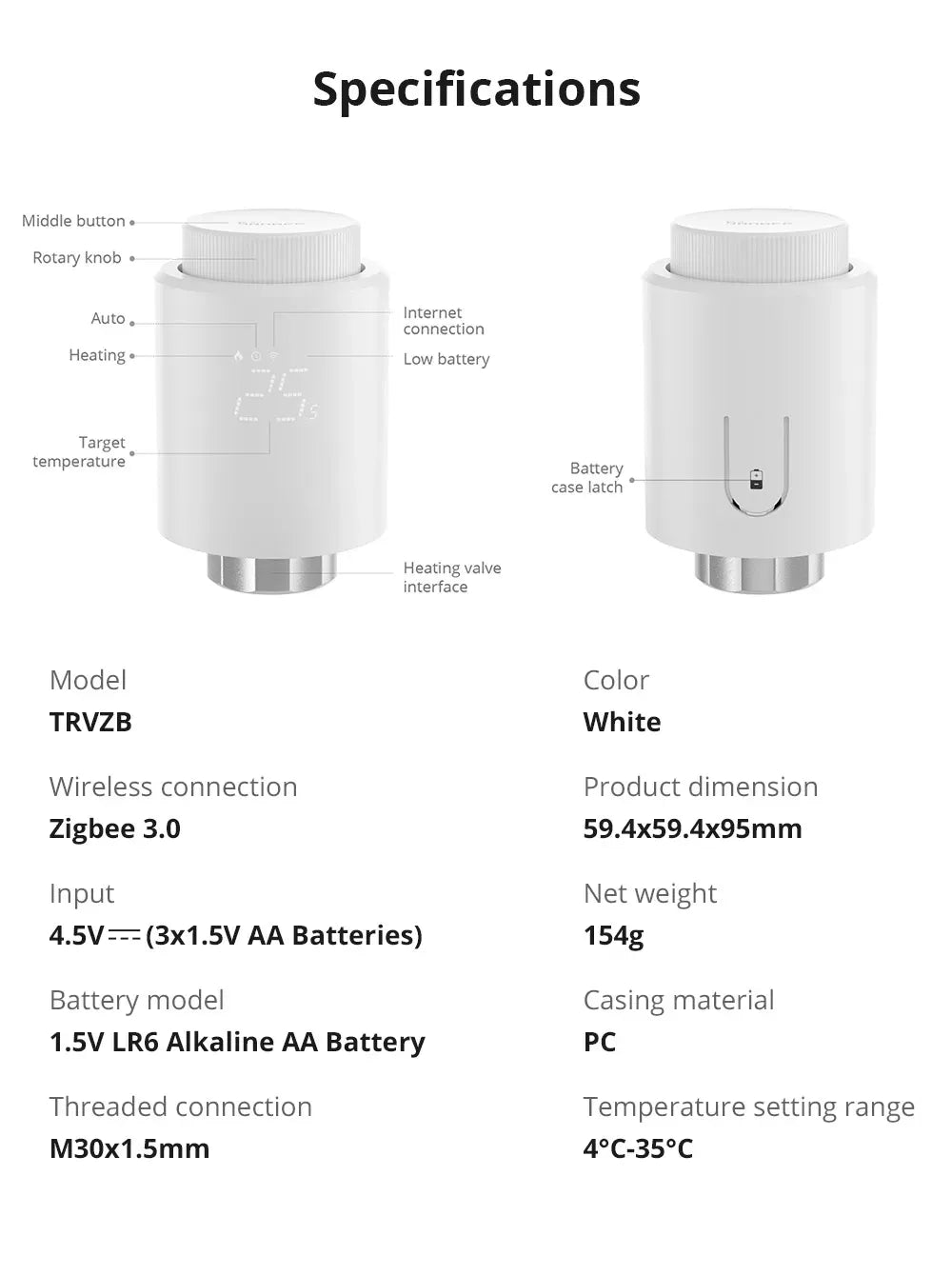 White Zigbee thermostatic radiator valve with LCD display and metal valve base