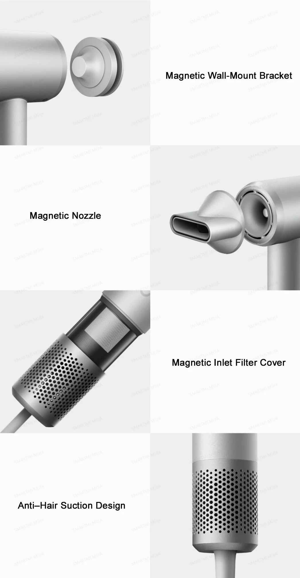 Silver MIJIA High-Speed Hair Dryer Pro with magnetic nozzle, wall mount, and anti-hair suction filter design.